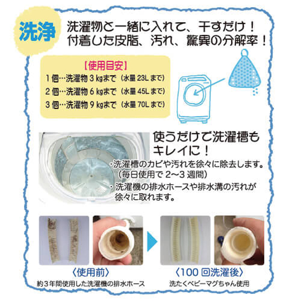 ベビーマグちゃん 3色セット、洗剤がいらない洗濯革命、除菌、消臭、洗浄力、お肌にやさしいお洗濯です。
